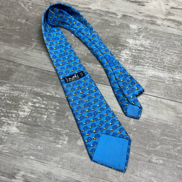 Hermes Paris 684 OA Blue & Gold Jockey Hat Pattern Tie - Picture 3 of 7